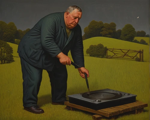 man with a computer,grant wood,78rpm,long playing record,cricket umpire,the gramophone,record player,suitcase in field,gramophone record,the record machine,old elektrolok,vinyl player,audiophile,pitchfork,vynil,the speaker grill,33 rpm,smart album machine,the phonograph,gramophone,Art,Artistic Painting,Artistic Painting 30