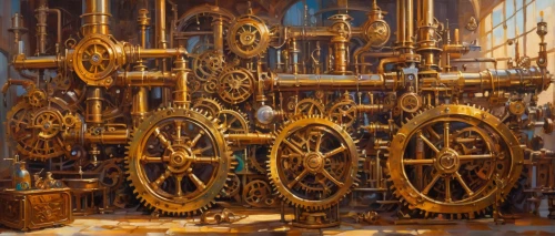 clockmaker,steampunk gears,steam engine,scientific instrument,machinery,steampunk,cog,engine room,yellow machinery,internal-combustion engine,distillation,valves,mechanical puzzle,meticulous painting,watchmaker,cogs,network mill,potter's wheel,church instrument,painting technique,Conceptual Art,Oil color,Oil Color 22