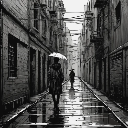 walking in the rain,man with umbrella,street photography,old havana,monochrome photography,girl walking away,alleyway,rainy,heavy rain,light rain,lecce,rainy day,rain,rains,blackandwhitephotography,in the rain,alley,rainstorm,blind alley,after rain,Illustration,Paper based,Paper Based 14