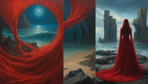 red cape,fantasy art,red gown,sci fiction illustration,red cliff,3d fantasy,world digital painting,backgrounds,cloak,fantasy picture,fantasia,portals,mirror of souls,red matrix,fantasy landscape,heroic fantasy,red tunic,man in red dress,red and blue,parallel worlds,Photography,General,Natural