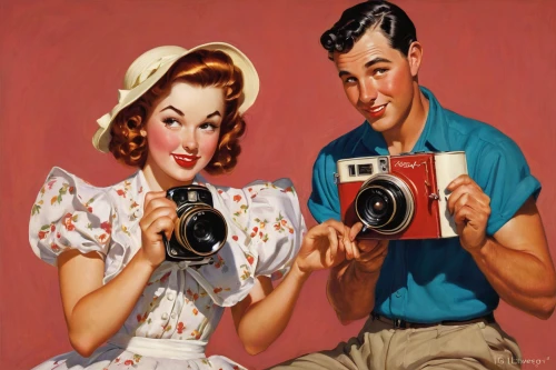 retro 1950's clip art,photographers,vintage boy and girl,vintage man and woman,camera photographer,portrait photographers,vintage camera,the blonde photographer,photographer,photo-camera,camera illustration,taking photo,a girl with a camera,taking picture,vintage art,taking photos,photo camera,photographs,cameras,classic photography,Illustration,Retro,Retro 10