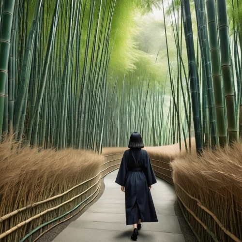 bamboo forest,bamboo,hawaii bamboo,bamboo curtain,bamboo plants,bamboo frame,world digital painting,arashiyama,meiji jingu,photomanipulation,pathway,photo manipulation,girl walking away,digital compositing,walkway,the mystical path,woman walking,3d background,fushimi inari shrine,japan landscape,Conceptual Art,Sci-Fi,Sci-Fi 24
