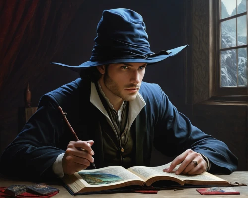 scholar,doctoral hat,leonardo devinci,meticulous painting,tutor,fantasy portrait,artist portrait,stovepipe hat,watchmaker,sebastian pether,painting technique,self-portrait,orlovsky,hatter,clockmaker,academic dress,sci fiction illustration,gothic portrait,persian poet,italian painter,Illustration,Realistic Fantasy,Realistic Fantasy 07