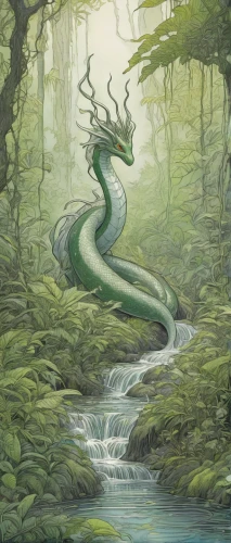 serpent,forest dragon,water snake,green snake,swampy landscape,green dragon,crescent spring,mountain spring,water-the sword lily,smooth greensnake,elven forest,swamp,flowing creek,flowing water,streams,rusalka,dragon of earth,tendril,clear stream,anahata,Illustration,Black and White,Black and White 13