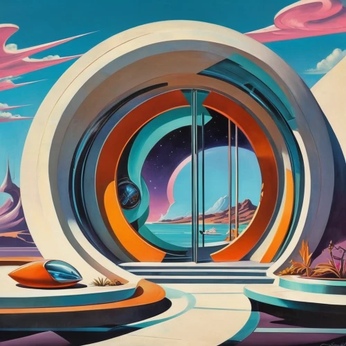 futuristic landscape,panoramical,futuristic architecture,atomic age,futuristic art museum,futuristic,abstract retro,utopian,alien planet,art deco background,gas planet,spaceship space,cartoon video game background,mri machine,orbital,science-fiction,space port,portal,alien world,porthole,Illustration,Retro,Retro 12