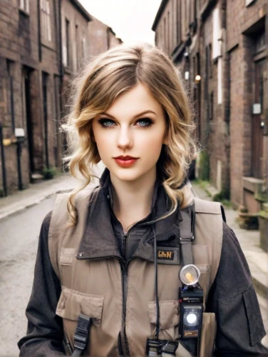 swifts,policewoman,edit icon,trench coat,khaki,park ranger,parka,pied triller brown,sheriff,the blonde photographer,national parka,short blond hair,photographic background,tayberry,brick wall background,beautiful girl,denim background,blonde woman,cool blonde,digital compositing