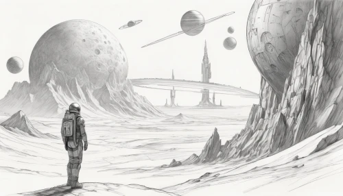 sidonia,sci fiction illustration,earth rise,alien planet,concept art,lost in space,futuristic landscape,orbiting,exoplanet,exploration,backgrounds,old earth,airships,asteroid,planet,sci fi,ice planet,barren,arrival,scifi,Illustration,Black and White,Black and White 30