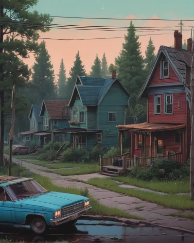 neighbourhood,suburbs,neighborhood,suburb,outskirts,summer evening,wooden houses,croft,river pines,aurora village,neighbors,evening atmosphere,everett,homes,pines,small towns,little house,lonely house,fairbanks,sugar pine,Conceptual Art,Sci-Fi,Sci-Fi 20