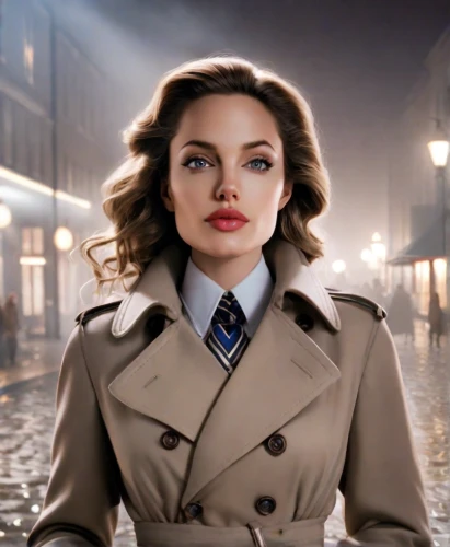 overcoat,trench coat,coat,policewoman,woman in menswear,femme fatale,photoshop manipulation,businesswoman,madeleine,cigarette girl,spy,flight attendant,business woman,female hollywood actress,white-collar worker,hollywood actress,city ​​portrait,detective,digital compositing,coat color