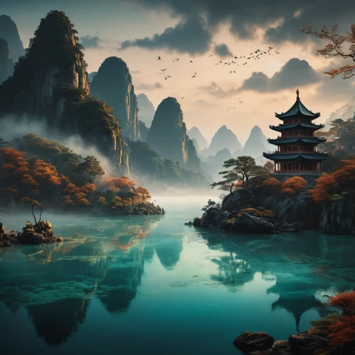 fantasy landscape,world digital painting,landscape background,chinese art,japan landscape,chinese background,oriental,chinese temple,fantasy picture,mountainous landscape,mountain landscape,yunnan,guilin,chinese clouds,oriental painting,river landscape,chinese architecture,teal blue asia,futuristic landscape,underwater landscape,Photography,General,Fantasy