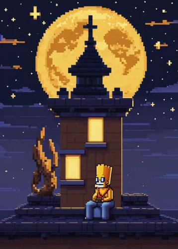 pixel art,shrine,monastery,vatican city flag,gold castle,golden temple,meditation,mausoleum ruins,dusk background,golden buddha,homer simpsons,golden candlestick,ancient icon,wooden church,monks,pilgrims,night watch,night scene,offering,nativity scene,Unique,Pixel,Pixel 01