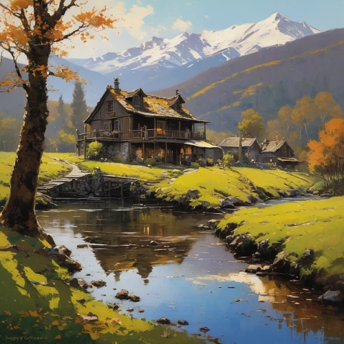 house in mountains,home landscape,house in the mountains,autumn landscape,fall landscape,autumn idyll,rural landscape,house with lake,salt meadow landscape,lonely house,cottage,autumn mountains,one autumn afternoon,summer cottage,landscape background,meadow landscape,autumn morning,autumn scenery,swiss house,mountain landscape,Art,Classical Oil Painting,Classical Oil Painting 32