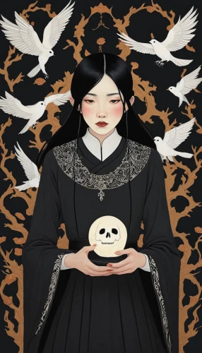 crow queen,mourning swan,matsutake,goth woman,murder of crows,black bird,shinigami,doves of peace,dove of peace,gothic portrait,halloween illustration,black crow,corvidae,yinyang,mukimono,raven bird,doves and pigeons,geisha girl,geisha,flower and bird illustration,Illustration,Abstract Fantasy,Abstract Fantasy 05