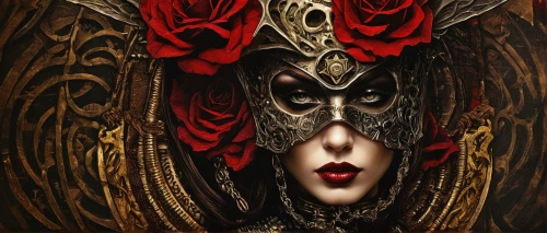 venetian mask,queen of hearts,the carnival of venice,masquerade,masque,gothic portrait,wooden mask,bodypainting,headdress,fantasy art,the enchantress,body painting,celtic queen,fantasy portrait,tribal masks,decorative figure,golden mask,gothic woman,maori,sorceress,Illustration,Realistic Fantasy,Realistic Fantasy 10