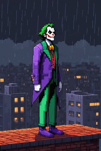 joker,pixel art,raindops,rainy,in the rain,rain pants,walking in the rain,heavy rain,weatherman,dark suit,rainy weather,villain,rain,dollar rain,rainy day,drizzle,creepy clown,riddler,rainstorm,supervillain,Unique,Pixel,Pixel 01