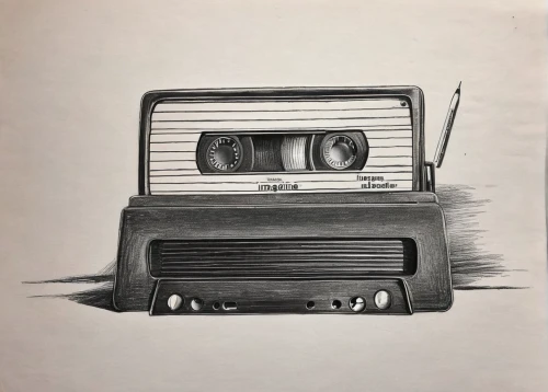 radio cassette,cassette,microcassette,vintage drawing,cassette tape,radio,camera illustration,audio cassette,car radio,cassette deck,cassettes,boombox,radio for car,compact cassette,retro music,pencil drawing,pencil and paper,musicassette,boom box,tube radio,Illustration,Black and White,Black and White 35