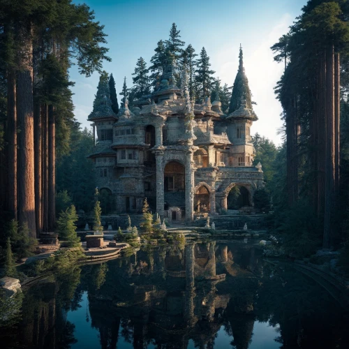 house in the forest,water palace,water castle,imperial shores,fairy tale castle,palace,oasis,fairytale castle,house with lake,lagoon,atlantis,tivoli,kadala,the forest,the forests,vizcaya,manor,the palace,europe palace,mansion