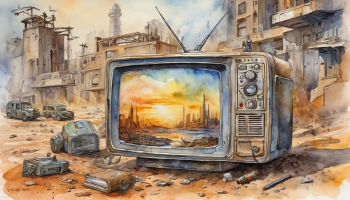 post-apocalyptic landscape,post apocalyptic,television,analog television,post-apocalypse,apocalyptic,retro television,dystopia,tv,world digital painting,dystopian,macintosh,wasteland,plasma tv,dreamcast,destroyed city,apocalypse,hdtv,ancient civilization,fallout,Illustration,Paper based,Paper Based 24