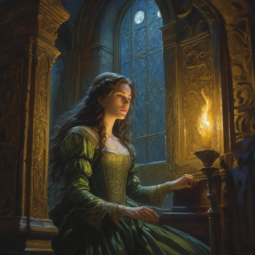 candlemaker,fantasy portrait,mystical portrait of a girl,candlelight,merida,fantasy picture,the enchantress,rapunzel,romantic portrait,fantasy art,candlelights,cinderella,light of night,sorceress,glow of light,woman playing,divination,apothecary,meticulous painting,burning candle,Illustration,Realistic Fantasy,Realistic Fantasy 03