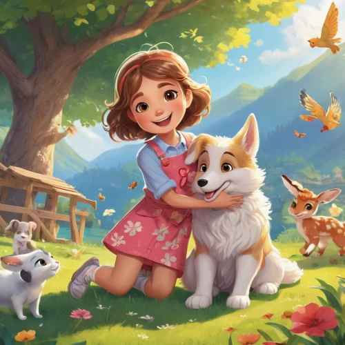 girl with dog,children's background,kids illustration,dog illustration,girl and boy outdoor,children's fairy tale,boy and dog,fairy tale character,puppy pet,cute cartoon image,fairy tale icons,corgis,playing puppies,english shepherd,springtime background,forest animals,woodland animals,playing dogs,companion dog,laika,Illustration,Japanese style,Japanese Style 19