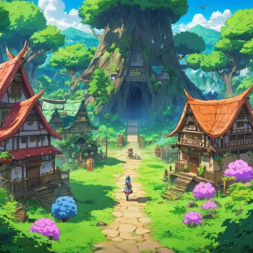 studio ghibli,fairy village,mushroom landscape,violet evergarden,fairy world,cartoon forest,ginkaku-ji,fairy forest,background with stones,cartoon video game background,dandelion hall,japanese sakura background,game illustration,aurora village,knight village,druid grove,mushroom island,home landscape,forest ground,sakura background,Illustration,Japanese style,Japanese Style 03