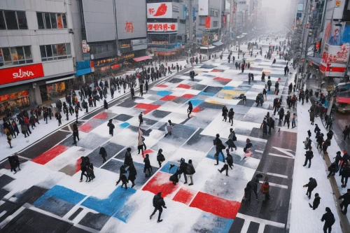 shibuya crossing,crosswalk,shibuya,pedestrian crossing,new york streets,time square,shinjuku,myeongdong,ginza,times square,people walking,pedestrian zone,south korea,apgujeong,tokyo,intersection,snow scene,seoul namdaemun,pedestrian lights,pedestrian,Illustration,Realistic Fantasy,Realistic Fantasy 24