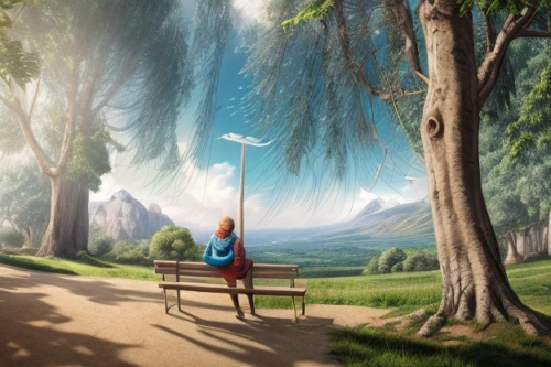 fantasy picture,world digital painting,landscape background,fantasy landscape,girl with tree,cartoon video game background,photo manipulation,tree with swing,digital compositing,photomanipulation,children's background,the girl next to the tree,empty swing,forest background,park bench,creative background,forest of dreams,dream world,3d fantasy,alice in wonderland,Realistic,Movie,Imaginative Adventure