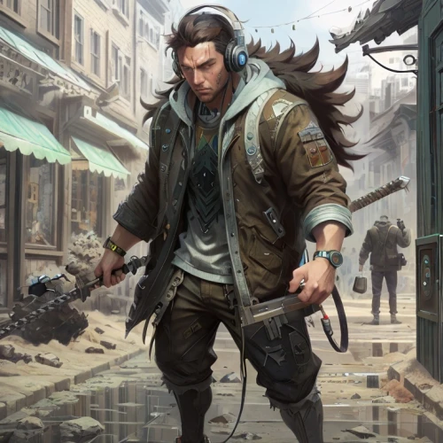 game illustration,sci fiction illustration,the wanderer,mercenary,vendor,male character,renegade,merchant,cable innovator,cargo pants,a pedestrian,game art,blacksmith,heroic fantasy,mechanic,scrap dealer,construction worker,scavenger,pedestrian,concept art,Common,Common,Game