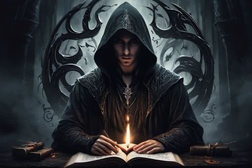 magic grimoire,spell,divination,candlemaker,hooded man,magic book,occult,scholar,magus,debt spell,the collector,prayer book,pentacle,runes,dark art,mysticism,fortune teller,tutor,shamanism,summoner,Conceptual Art,Fantasy,Fantasy 34