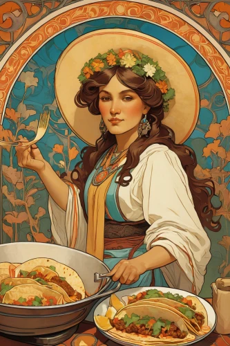 mucha,russian folk style,woman holding pie,art nouveau,sicilian cuisine,paella,thanksgiving background,placemat,merida,art nouveau design,mediterranean cuisine,girl with cereal bowl,iranian cuisine,goulash,spanish cuisine,mediterranean food,pelmeni,cholent,cooking book cover,caterer,Illustration,Retro,Retro 03