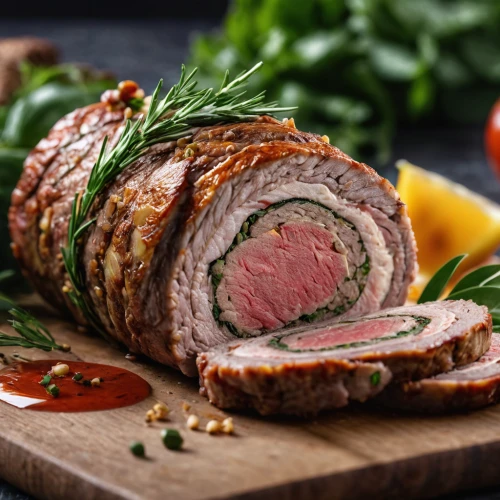 galantine,porchetta,beef wellington,cordon bleu,beef roulades,pork tenderloin,roll roast,roulade,andouillette,borbagatto meat,leberkäse,saltimbocca,food photography,pork loin,rack of lamb,roast pork,lamb meat,beef tenderloin,meat cake,mortadella,Photography,General,Natural