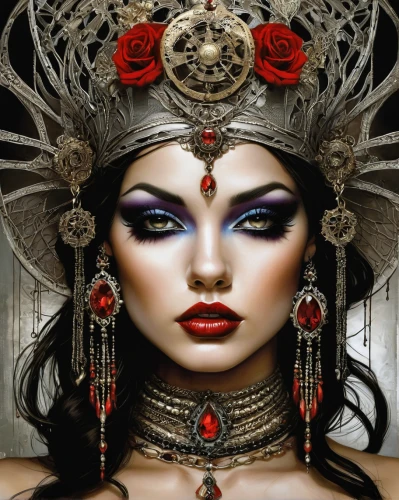 headdress,oriental princess,adornments,priestess,indian headdress,queen of hearts,gothic fashion,fantasy art,the enchantress,headpiece,shamanic,venetian mask,gothic woman,warrior woman,queen of the night,body jewelry,jeweled,voodoo woman,geisha girl,bridal accessory,Illustration,Realistic Fantasy,Realistic Fantasy 10