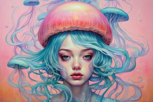 jellyfish,cnidaria,mushroom hat,jellyfish collage,pink octopus,fantasy portrait,undersea,jellyfishes,psychedelic art,buoy,diving bell,polyp,medusa,underwater,submerged,deep sea,cotton candy,watery heart,soft pastel,siren,Conceptual Art,Daily,Daily 15