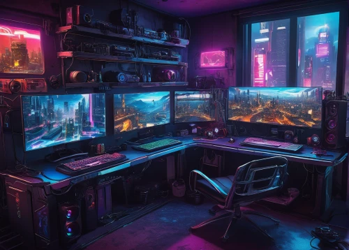 computer room,cyberpunk,game room,gamer zone,computer desk,computer workstation,monitor wall,desk,computer game,the server room,aesthetic,creative office,computer games,monitors,computer,gaming,study room,playing room,pc,computer art,Conceptual Art,Oil color,Oil Color 09
