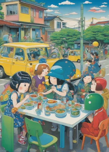 placemat,drive in restaurant,studio ghibli,frog gathering,jigsaw puzzle,gnomes at table,shirakami-sanchi,fast food restaurant,jeju,osomatsu,okinawan cuisine,diner,street cafe,long table,food table,popeye village,pizzeria,vegetables landscape,soup kitchen,food hut,Illustration,Japanese style,Japanese Style 20