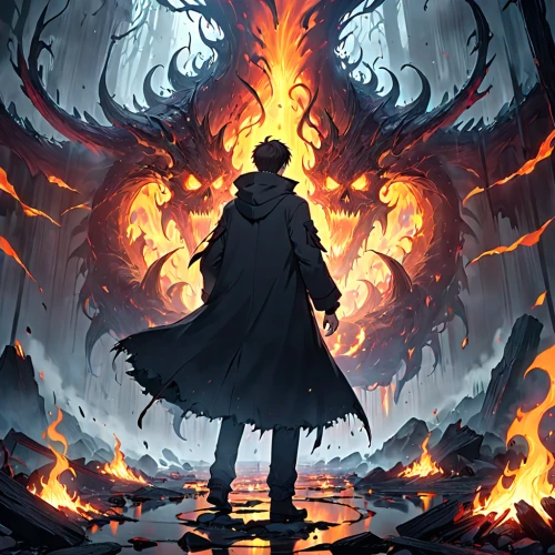 nine-tailed,cauldron,pillar of fire,cg artwork,fire background,door to hell,game illustration,purgatory,dante's inferno,eruption,burning earth,dancing flames,black dragon,cloak,sci fiction illustration,inferno,dragon fire,elements,jrr tolkien,hall of the fallen,Anime,Anime,General