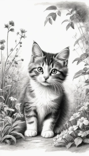 drawing cat,vintage cat,tabby kitten,blossom kitten,tabby cat,cat cartoon,cartoon cat,american wirehair,pencil drawings,american bobtail,calico cat,cute cat,american shorthair,flower cat,cat drawings,breed cat,little cat,pencil drawing,chinese pastoral cat,cat image,Illustration,Black and White,Black and White 35