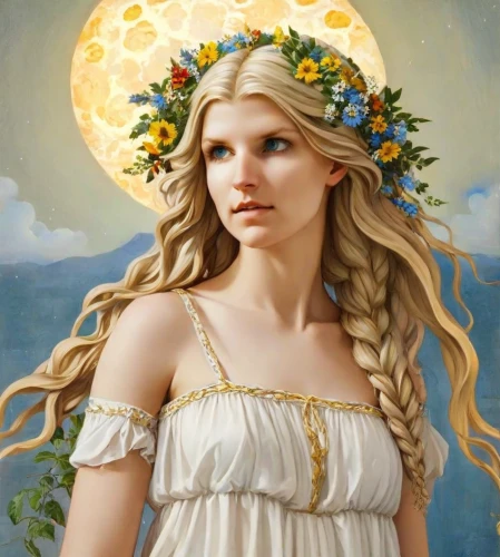 jessamine,girl in a wreath,spring equinox,zodiac sign libra,aphrodite,fantasy portrait,virgo,mystical portrait of a girl,golden wreath,the zodiac sign pisces,laurel wreath,faerie,faery,fantasy art,sun moon,venus,moonflower,summer solstice,rusalka,fairy queen