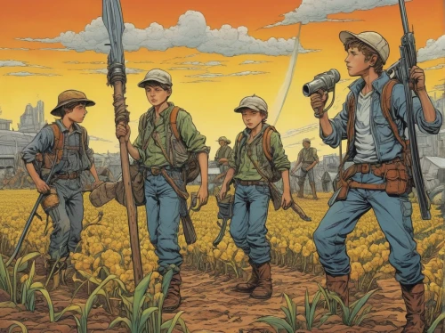 boy scouts of america,pathfinders,rangers,forest workers,western,scouts,boy scouts,american frontier,guards of the canyon,pilgrims,western film,rifleman,patrols,farmers,farm workers,french foreign legion,wild west,troop,straw hats,field of cereals,Illustration,Black and White,Black and White 06