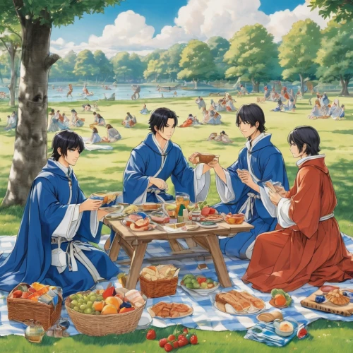 picnic,family picnic,picnic basket,hanbok,tea ceremony,japanese culture,anime japanese clothing,summer bbq,picnic boat,the three magi,garden party,korean culture,oriental painting,festival,korean royal court cuisine,summer party,horumonyaki,spring festival,placemat,traditional japanese musical instruments,Illustration,Realistic Fantasy,Realistic Fantasy 42