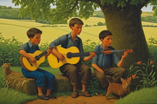 grant wood,villagers,bluegrass,folk music,musicians,cavaquinho,cd cover,sound of music,serenade,arrowroot family,classical guitar,guitar player,the country,green fields,a family harmony,forest workers,mandolin,songbirds,bouzouki,artists,Art,Artistic Painting,Artistic Painting 30