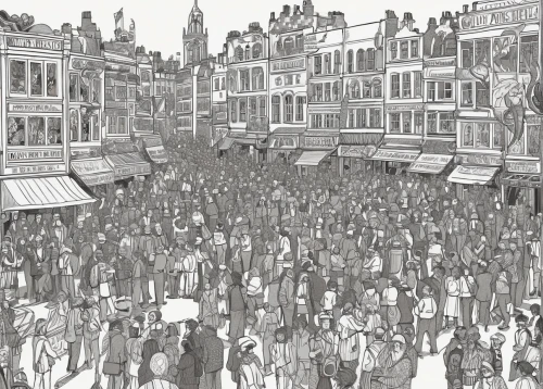 july 1888,crowd of people,delft,hand-drawn illustration,large market,eastgate street chester,crowds,grand bazaar,mono-line line art,the victorian era,crowded,whitby goth weekend,crowd,book illustration,deadwood,the market,bottleneck,york,victorian,fuller's london pride,Illustration,Black and White,Black and White 20