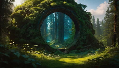 elven forest,fairy door,fairy forest,forest glade,forest path,forest,green forest,enchanted forest,the forest,archway,forest landscape,natural arch,forest background,fantasy landscape,fairytale forest,forests,knothole,forest of dreams,house in the forest,druid grove,Conceptual Art,Oil color,Oil Color 11