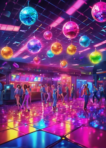 disco,nightclub,80s,dance club,neon cocktails,ufo interior,roller skating,artistic roller skating,colored lights,clubbing,1980's,go-go dancing,80's design,retro diner,skating rink,neon candies,neon drinks,prism ball,party lights,1980s,Illustration,Realistic Fantasy,Realistic Fantasy 38