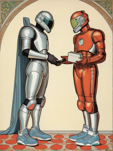 épée,sword fighting,fist bump,duel,sci fiction illustration,robot combat,handshaking,droids,overtone empire,shake hands,hand shake,dispute,handshake,scales of justice,shake hand,data exchange,binding contract,robots,boba fett,anachronism,Illustration,Retro,Retro 11