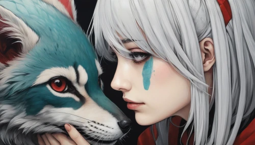 kitsune,two wolves,wolf couple,red riding hood,howl,wolf,wolves,foxes,little red riding hood,grey fox,gray wolf,nine-tailed,inari,fire red eyes,wolf's milk,redfox,canis lupus,red eyes,red wolf,fantasy portrait,Conceptual Art,Daily,Daily 14