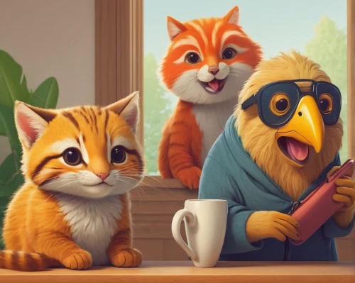 cat family,cat's cafe,ginger family,cat coffee,anthropomorphized animals,three friends,cute cartoon image,cat drinking tea,cat lovers,cartoon cat,cute animals,owls,the dawn family,animal film,cats,cups of coffee,felines,cat cartoon,fur-care parrots,veterinary,Art,Classical Oil Painting,Classical Oil Painting 34