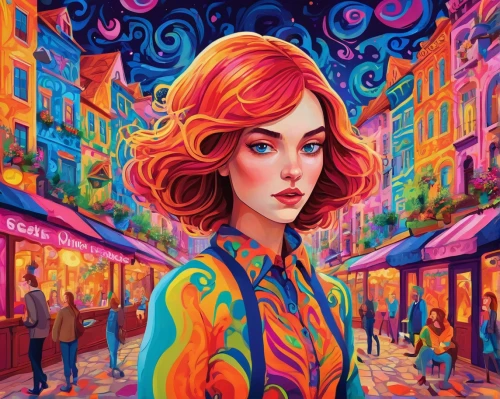 colorful city,colorful background,la violetta,psychedelic art,city ​​portrait,boho art,colorful heart,transistor,world digital painting,retro woman,young woman,colorful life,nora,retro girl,vibrant color,girl in a long,ann margarett-hollywood,woman at cafe,intense colours,paris,Conceptual Art,Oil color,Oil Color 23