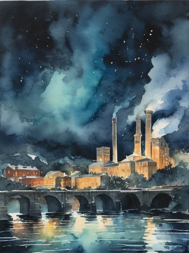 industrial landscape,night scene,lignite power plant,smoke stacks,coal-fired power station,watercolour,watercolor,industry,refinery,industrial ruin,watercolor painting,water color,ferrybridge,thermal power plant,industrial,steel mill,gunkanjima,coal fired power plant,the pollution,factory chimney,Illustration,Paper based,Paper Based 25