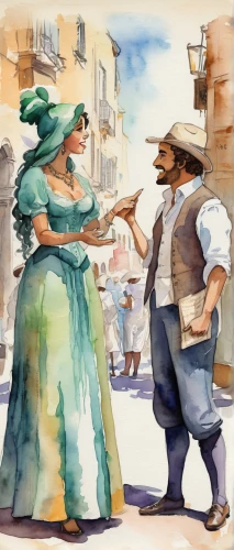 italian painter,vintage man and woman,french tourists,watercolor shops,gondolier,street scene,vendors,sicilian cuisine,courtship,old couple,the carnival of venice,watercolor women accessory,apulia,watercolor painting,tourists,woman shopping,italians,game illustration,tuscan,dancing couple,Illustration,Paper based,Paper Based 25